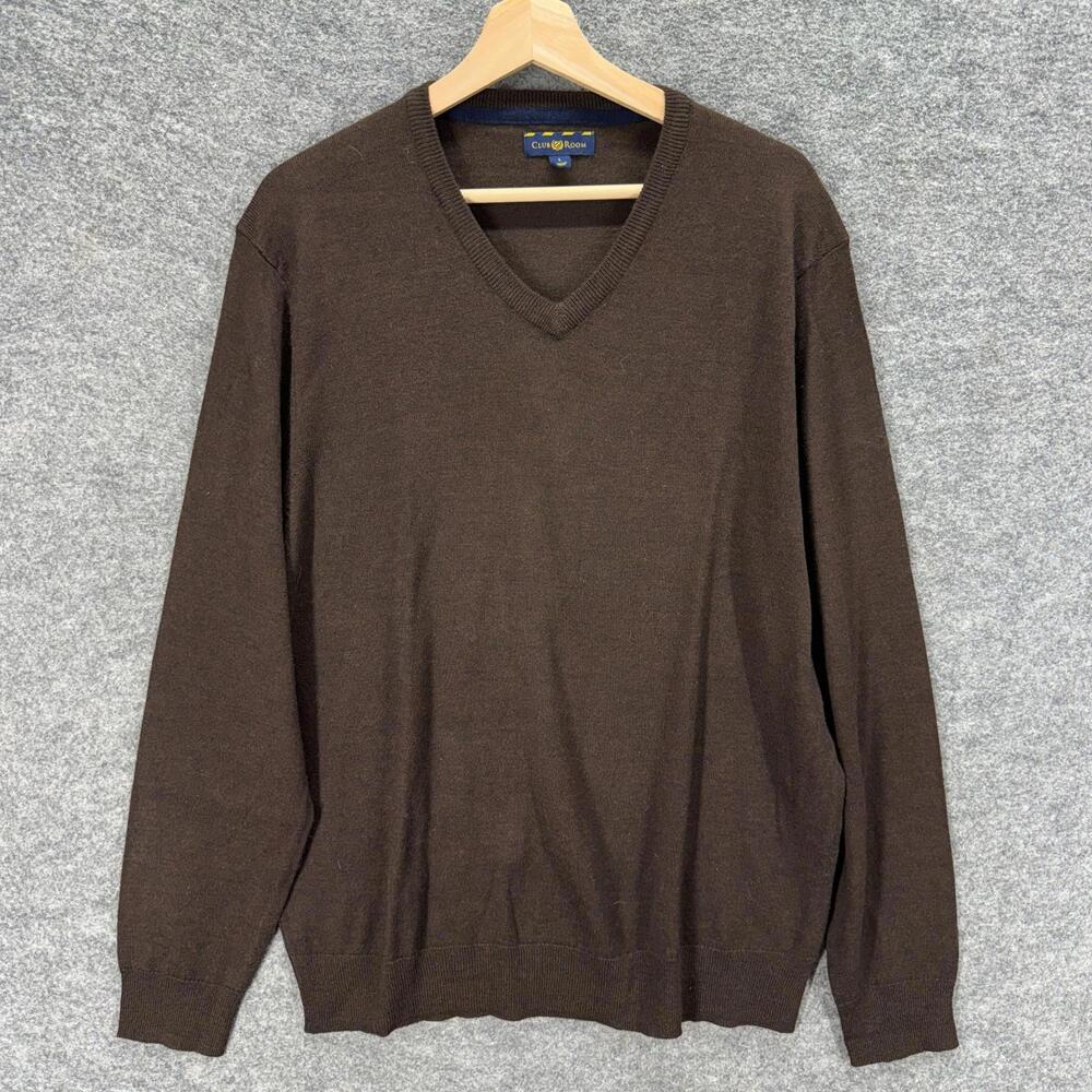 Club Room Sweater Pullover Men L Large Brown Wool Knit V-Neck Long Sleeve